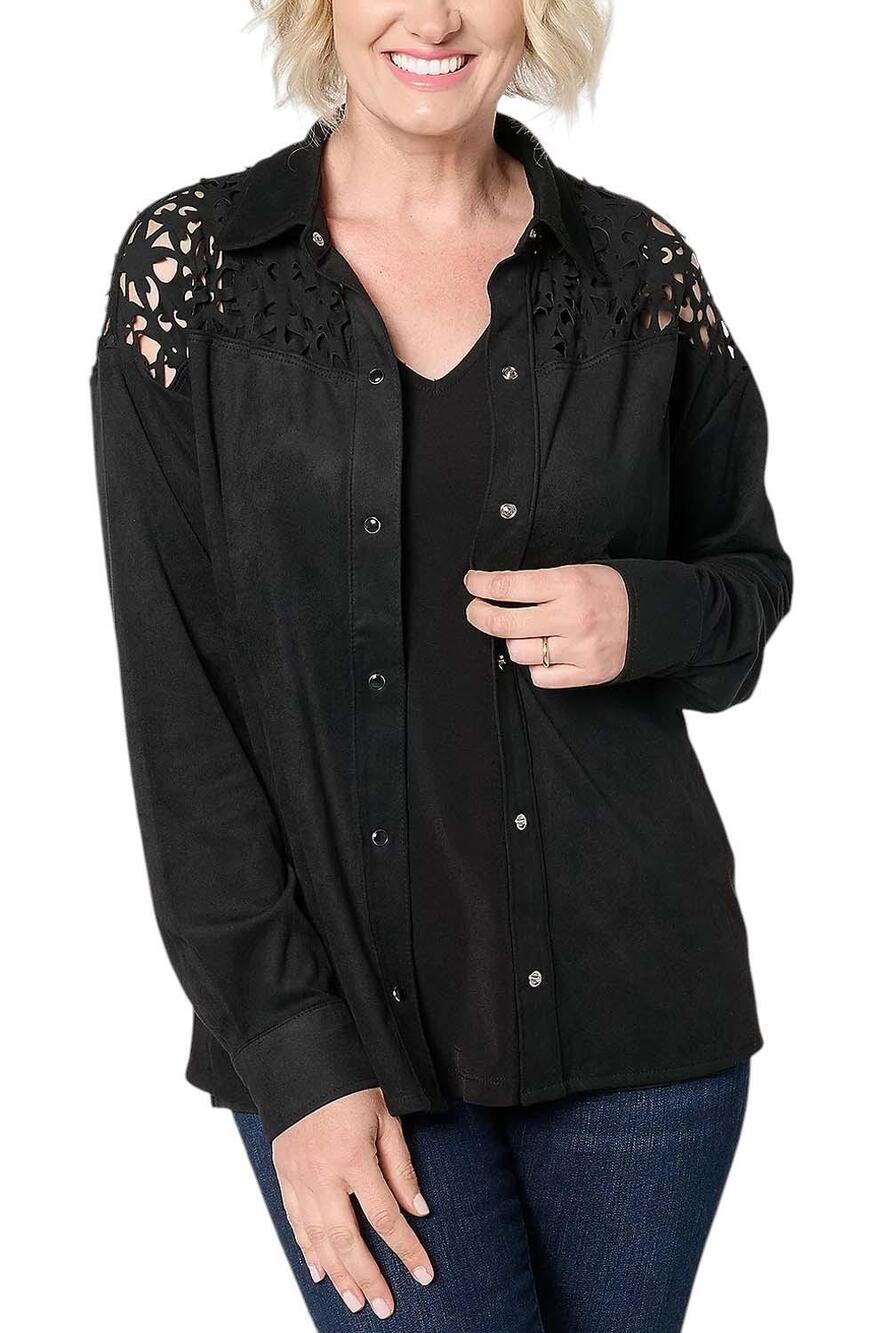 Attitudes by Renee Women's Snap Front Shirt w/ Laser Cutouts Black - Regular